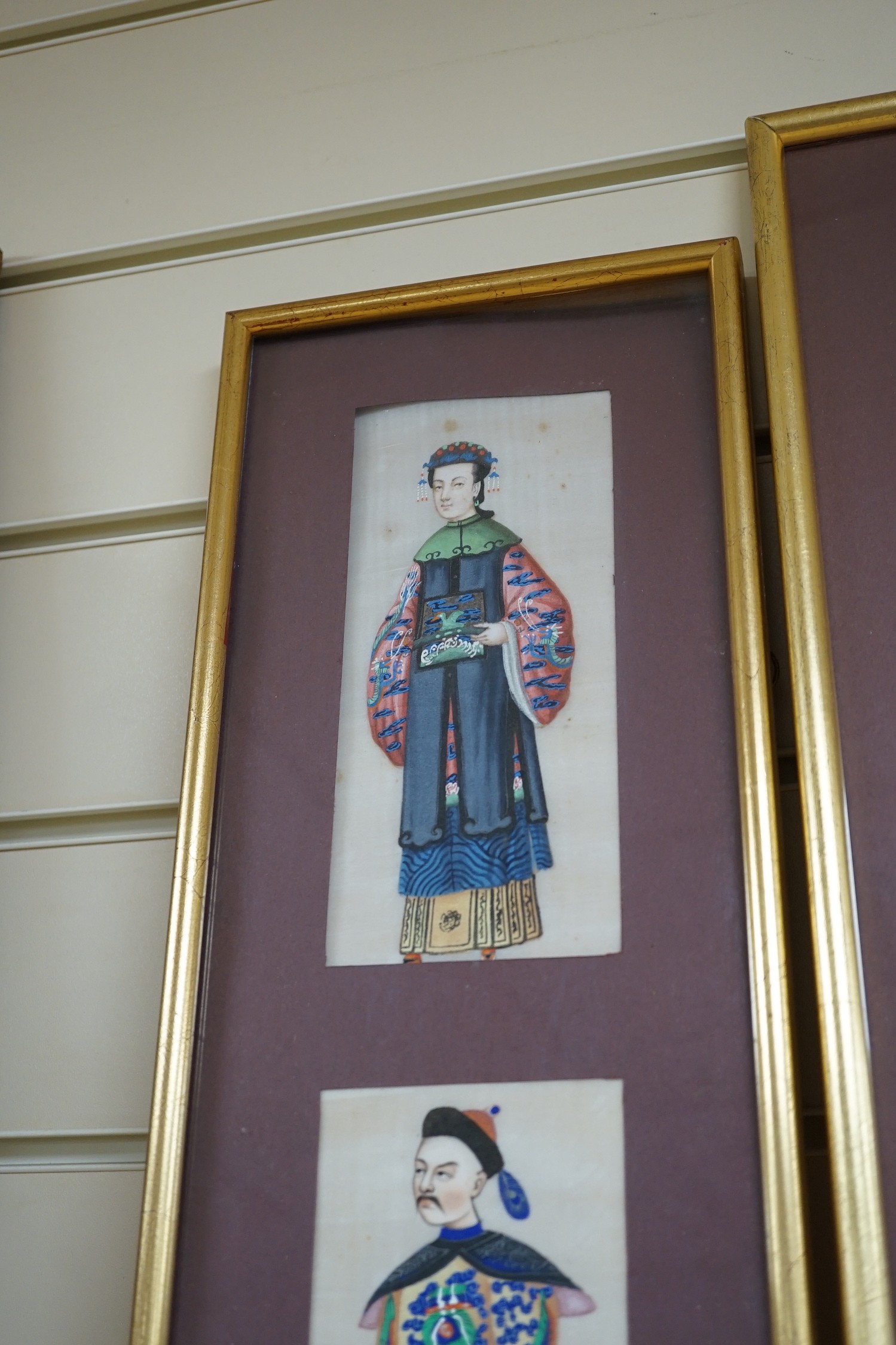 19th century Chinese School, four gouache on pith paper, Studies of noble men, largest 20 x 8.5cm, framed as two